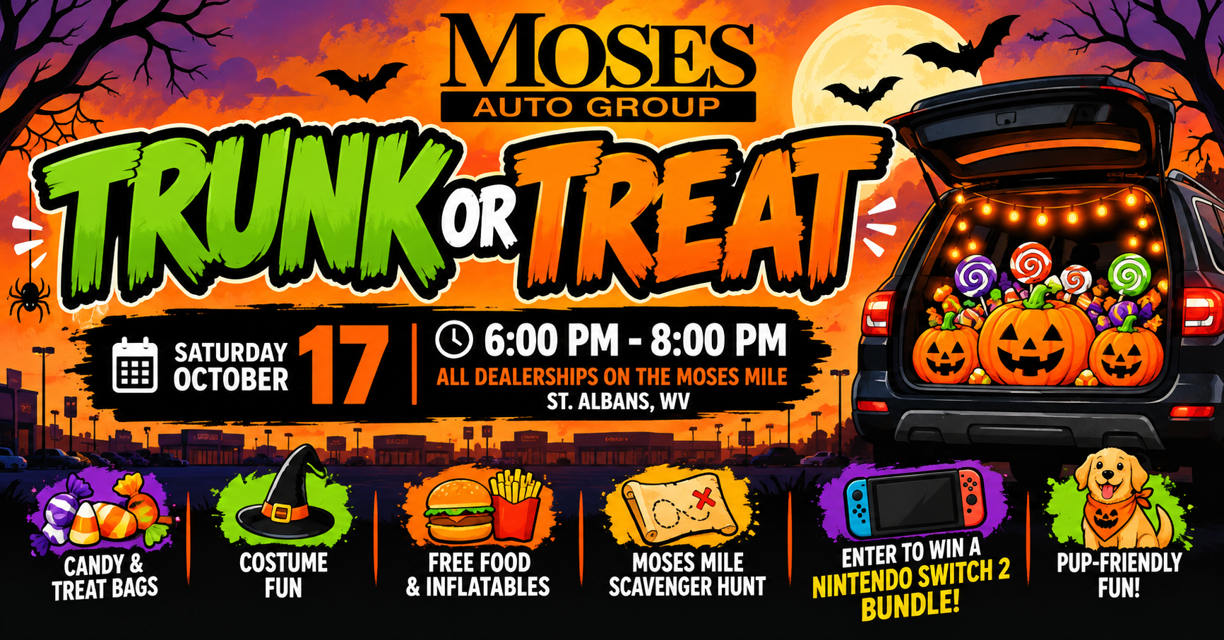 A festive image advertises the Moses Auto Group Tunk or Treat event taking place at Moses Chevrolet in St. Albans, WV on October 17 2026 at 6pm
